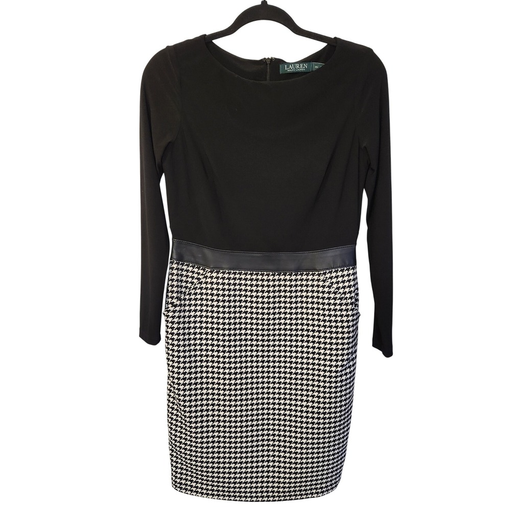 Lauren‎ Ralph Lauren Black Houndstooth Faux Leather Trim Sheath Dress Size 6P